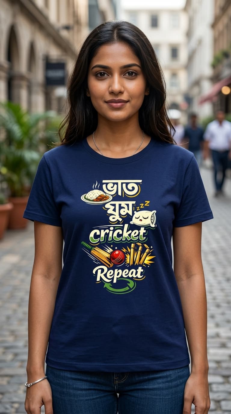“ঘুম, ক্রিকেট & Repeat” Bengali Graphic T-Shirt Bio Wash Premium Cotton Regular Fit Teees 1