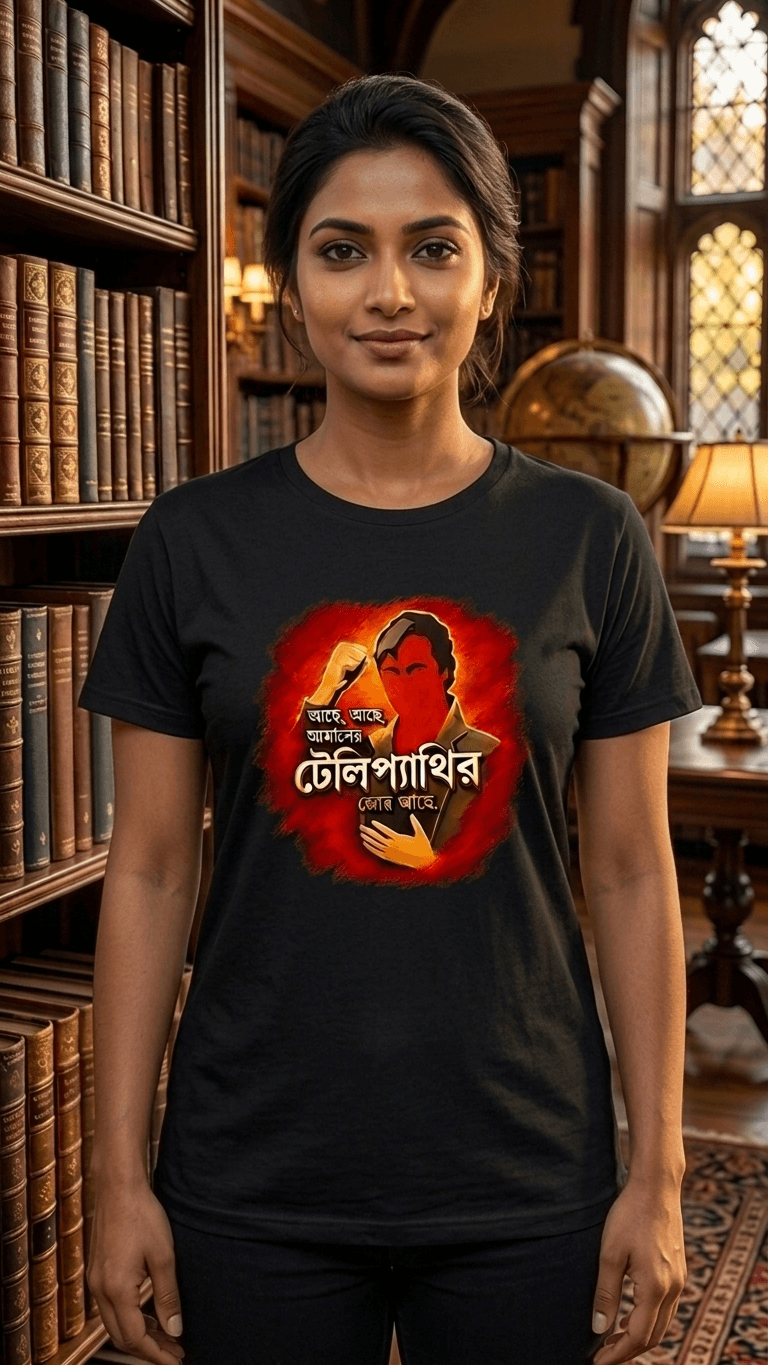Feluda Telepathy Bengali Typography Graphic T-Shirt – Premium Cotton White Round Neck Statement Tee 1