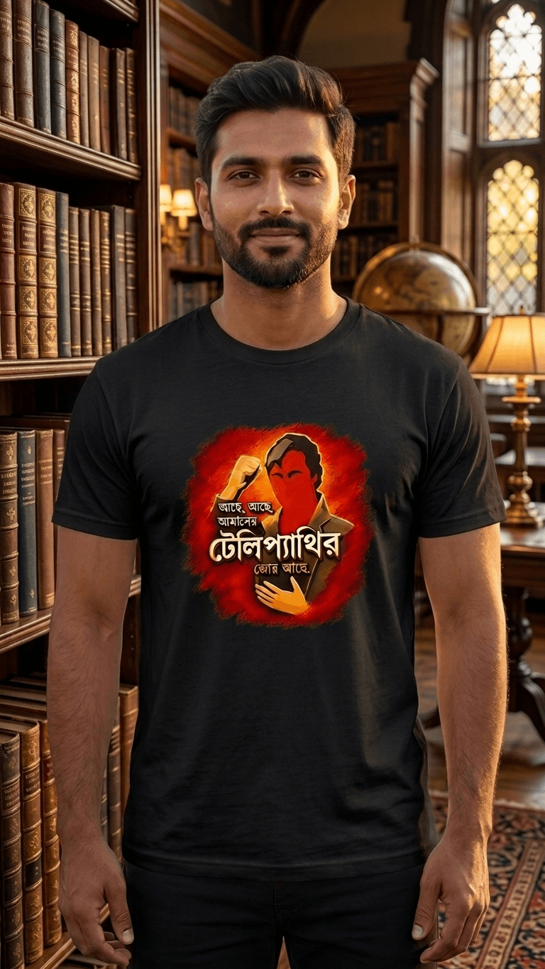 Feluda Telepathy Bengali Typography Graphic T-Shirt – Premium Cotton White Round Neck Statement Tee 0