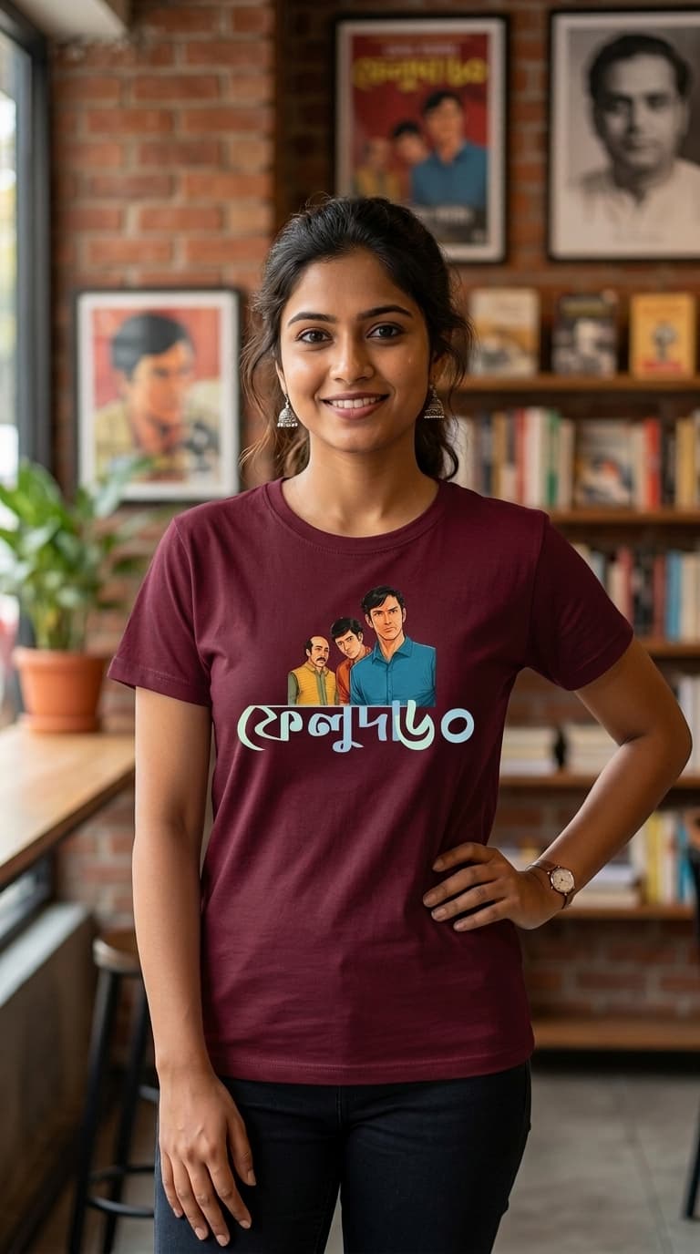 Feluda Bengali Graphic T-Shirt – Premium Cotton Maroon Round Neck Classic Character Tee 0