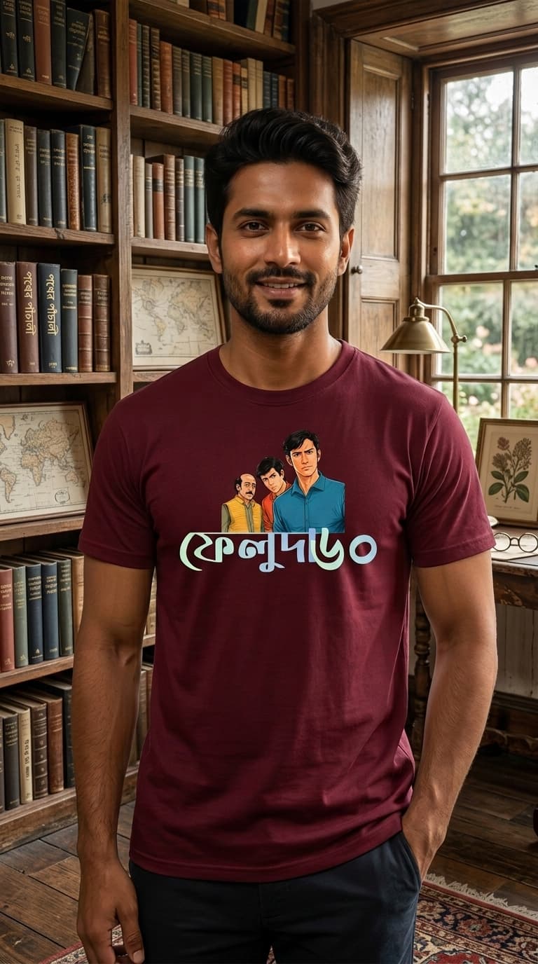 Feluda Bengali Graphic T-Shirt – Premium Cotton Maroon Round Neck Classic Character Tee 1