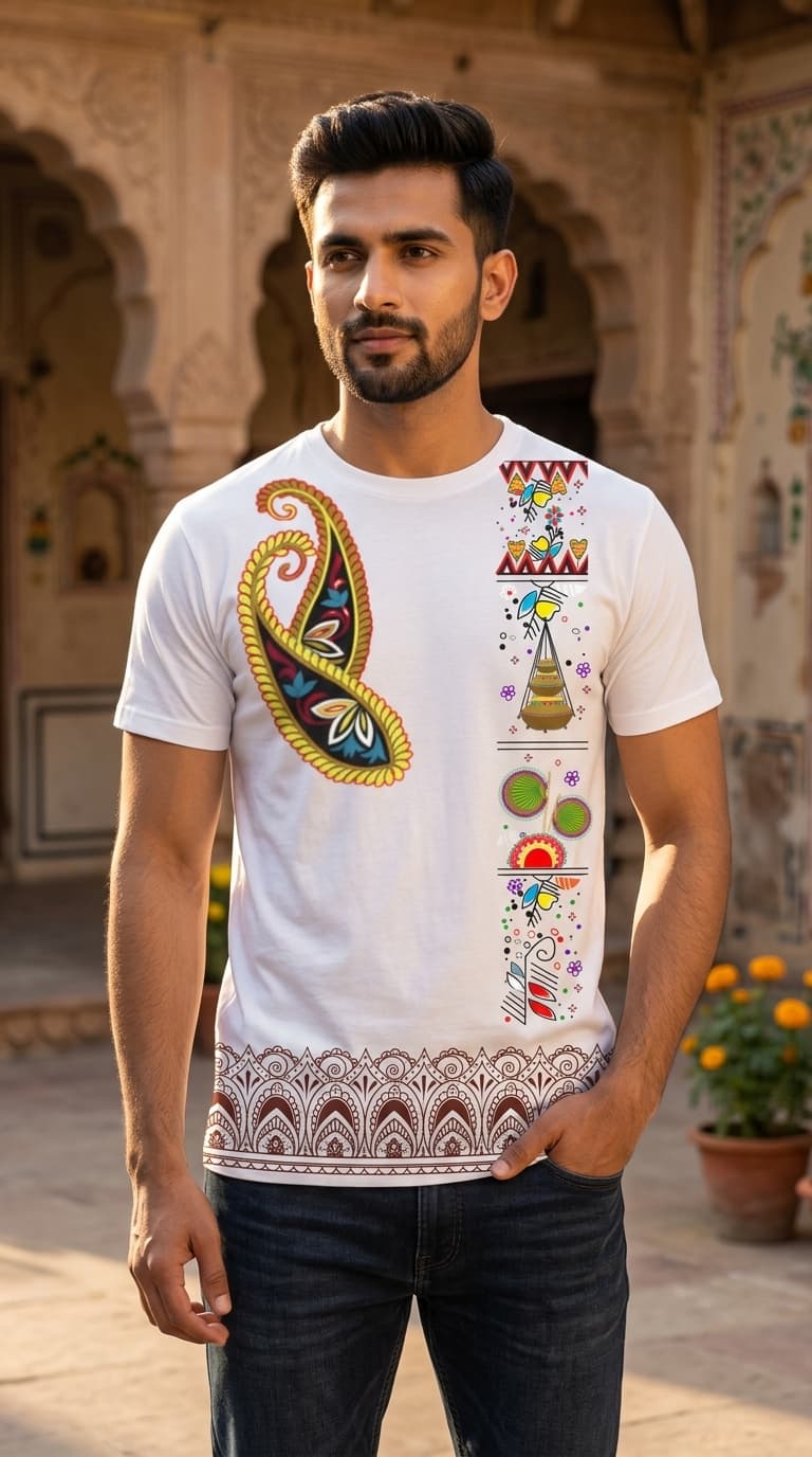 Ethnic Bengali Art Graphic T-Shirt – Premium Cotton Round Neck White Designer Tee 1