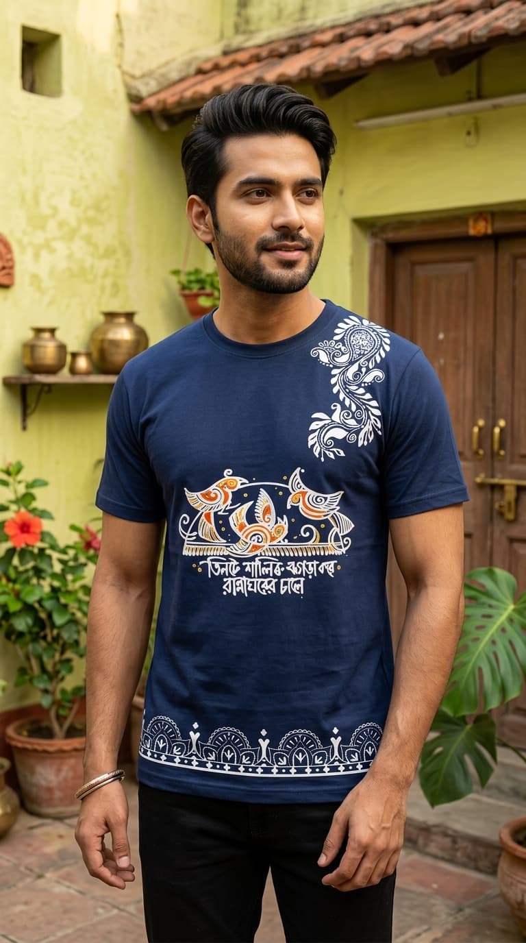 Bengali Folk Art T-Shirt – Premium Cotton Round Neck Ethnic Graphic Designer Teee 1