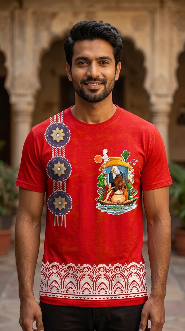 Bengali Folk Art Red T-Shirt – Premium Cotton Round Neck Ethnic Designer Graphic Tee 1