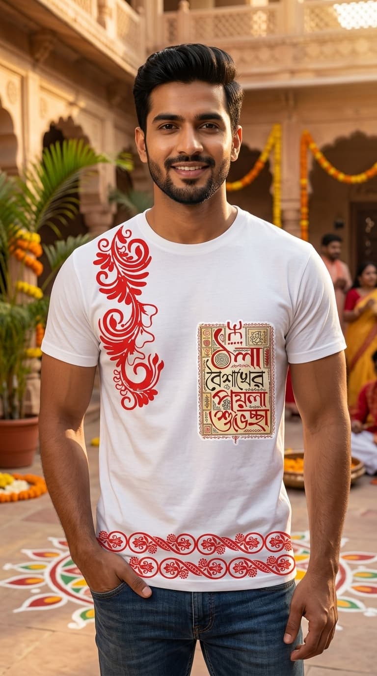 Bengali Folk Art Designer T-Shirt – Premium Cotton White Round Neck Ethnic Graphic Tee 1