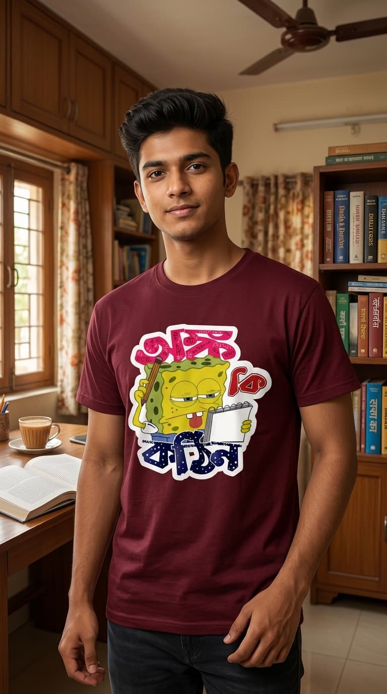 Funny Study Mood Cartoon T-Shirt – Premium Cotton Round Neck Graphic Tee 1