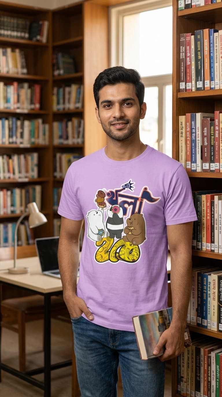 Coolteees Cute Bear Bangla Graphic T-Shirt – Lavender Cartoon Streetwear Tee 1