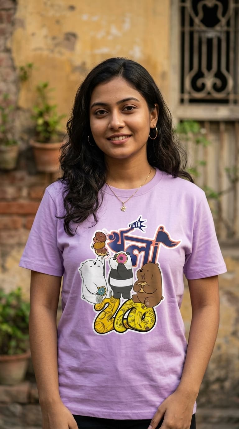 Coolteees Cute Bear Bangla Graphic T-Shirt – Lavender Cartoon Streetwear Tee 0