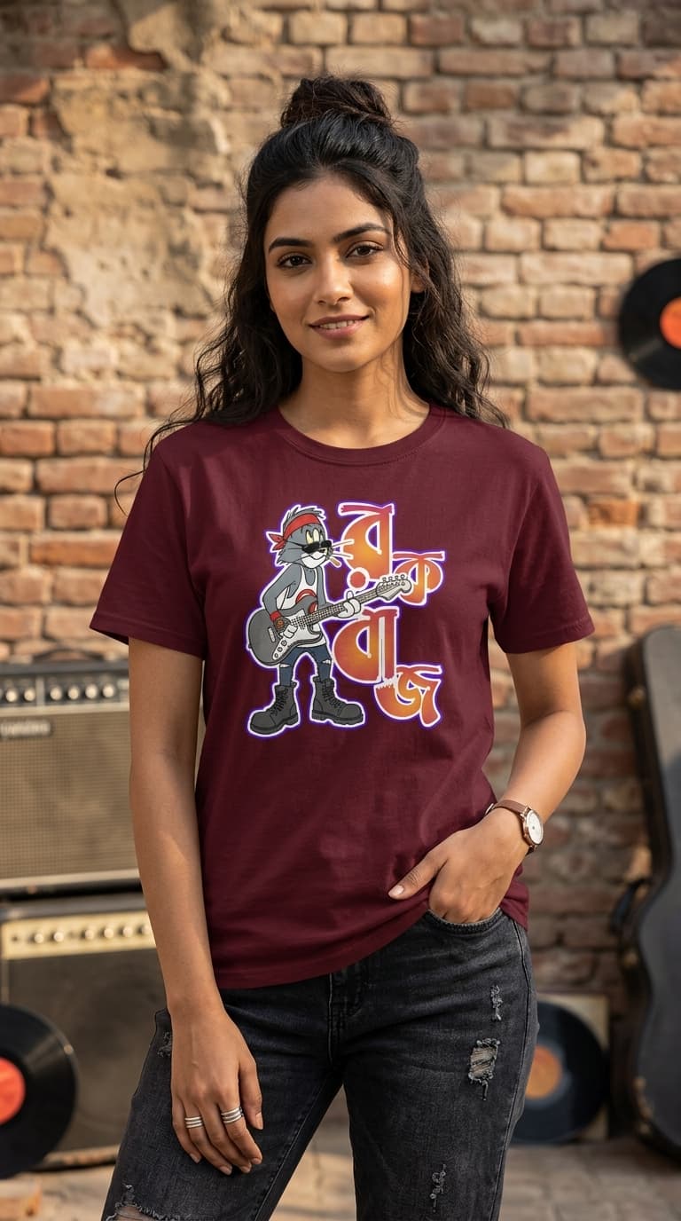 Coolteees Rock Bangla Graphic T-Shirt – Maroon Guitar Cat Streetwear Tee 1